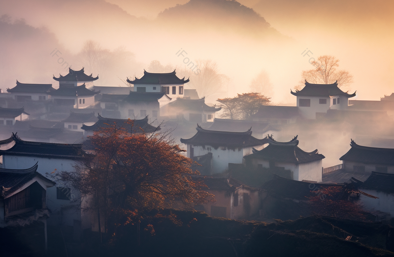 秋景秋色婺源石城秋色山村晨雾景,高清,摄影图,摄影图片,图片大全,摄影图免费下载